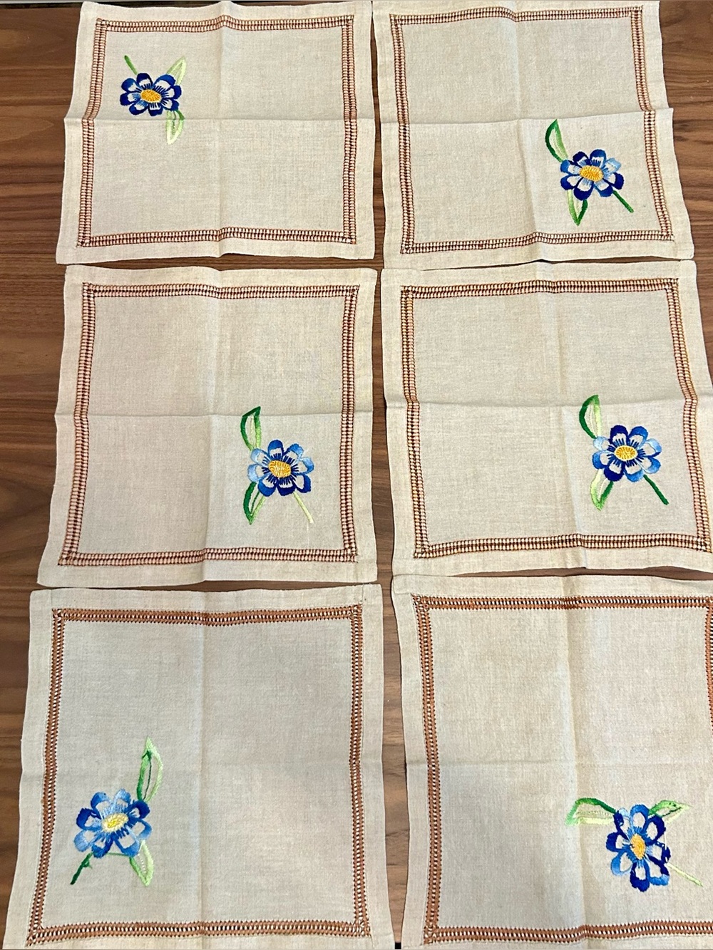 Vintage Hand Embroidered Linen Napkin Set of 6 Blue Floral